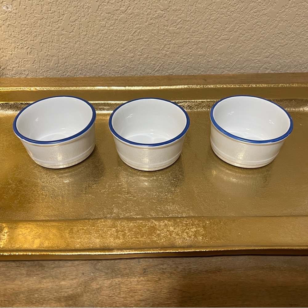 Three Mason Cash Enamour stoneware small bowls white with blue edge